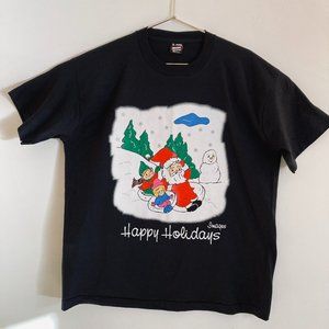 Vintge Black T Shirt Christmas Men XL Santa made in USA Happy Holidays Spell Out